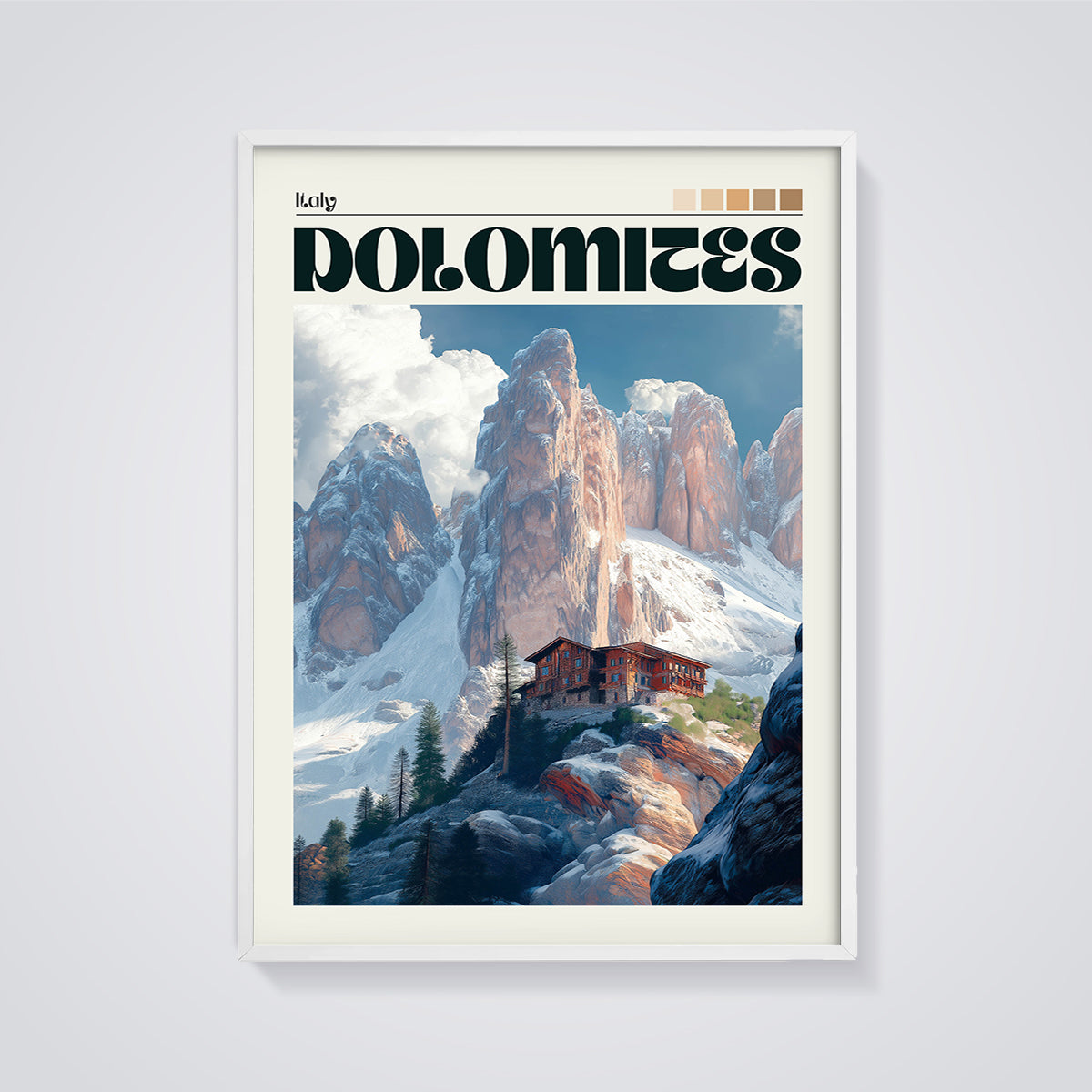 Dolomites Mountain Lodge Print framed in white on a grey background