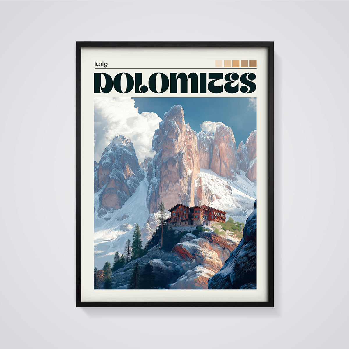 Dolomites Mountain Lodge Print framed in black on a grey background