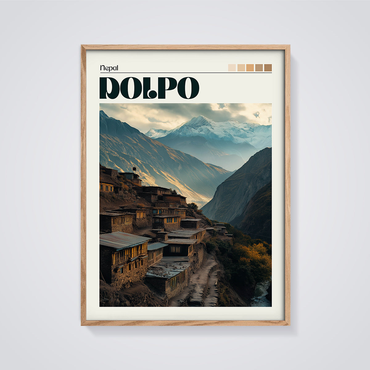 Dolpo Nepal Village Print framed in oak on a grey background