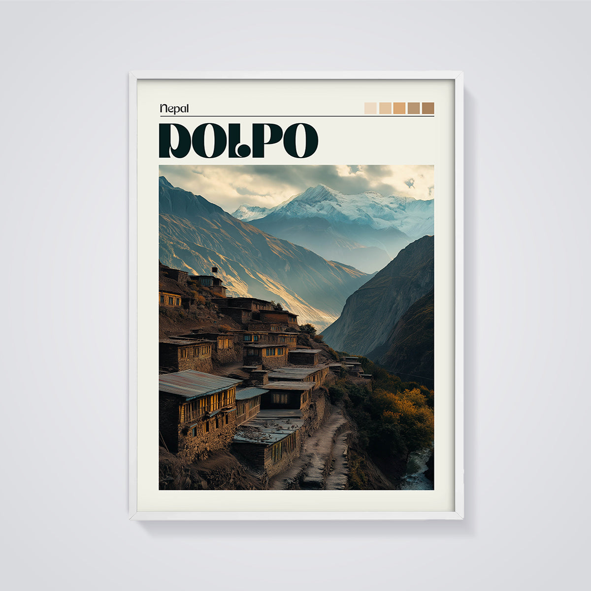 Dolpo Nepal Village Print framed in white on a grey background