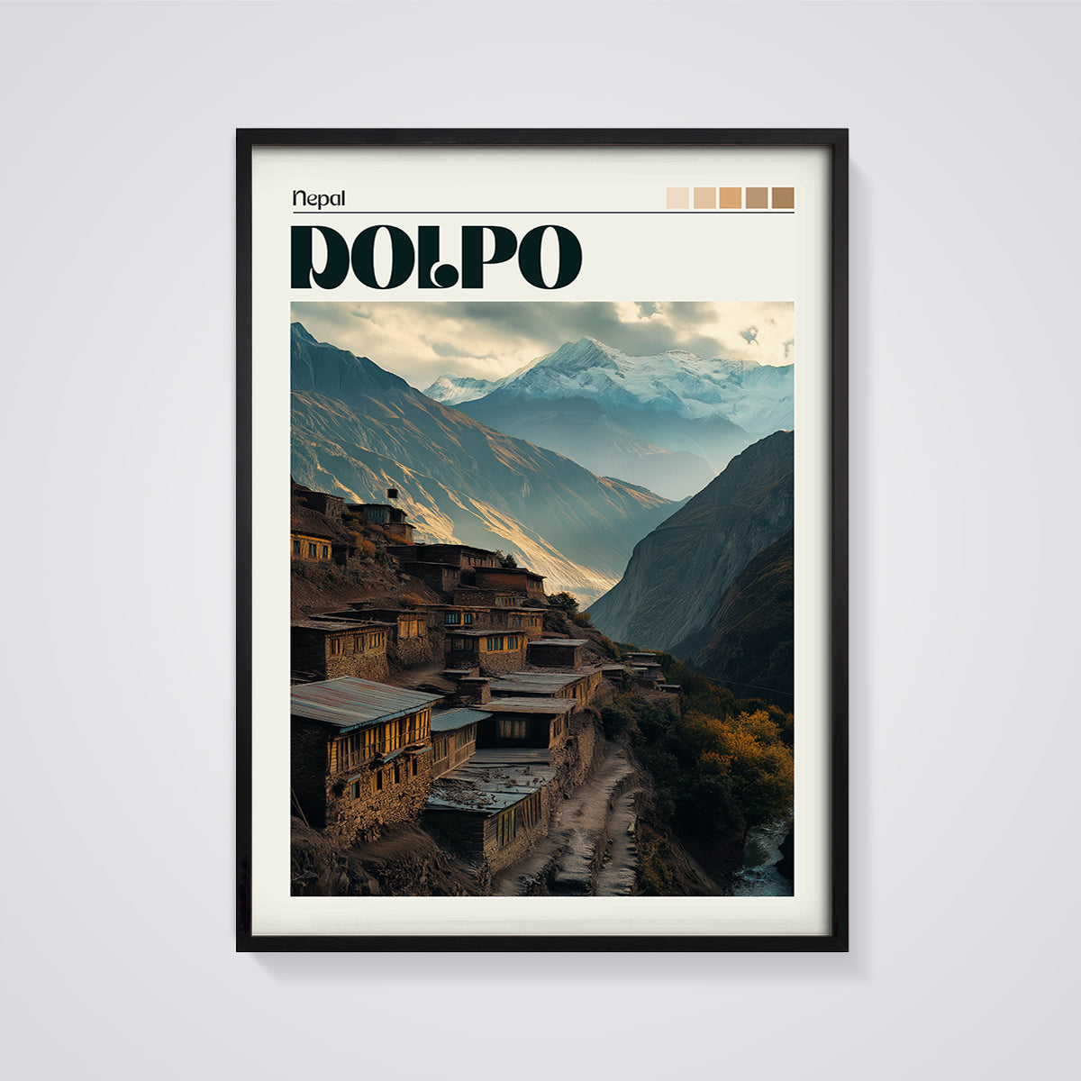 Dolpo Nepal Village Print framed in black on a grey background