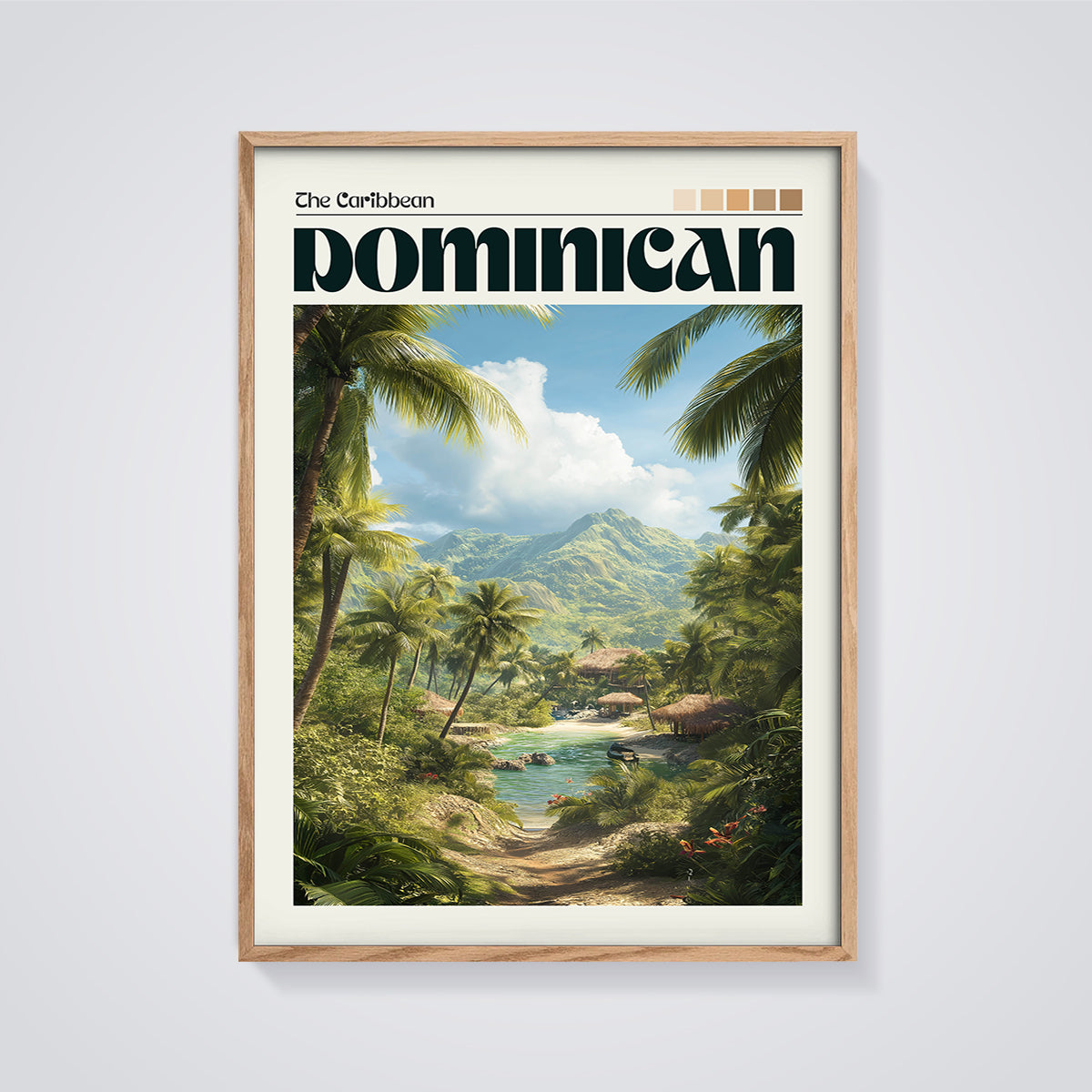 Dominican Republic Tropical Lagoon Print framed in oak on a grey background