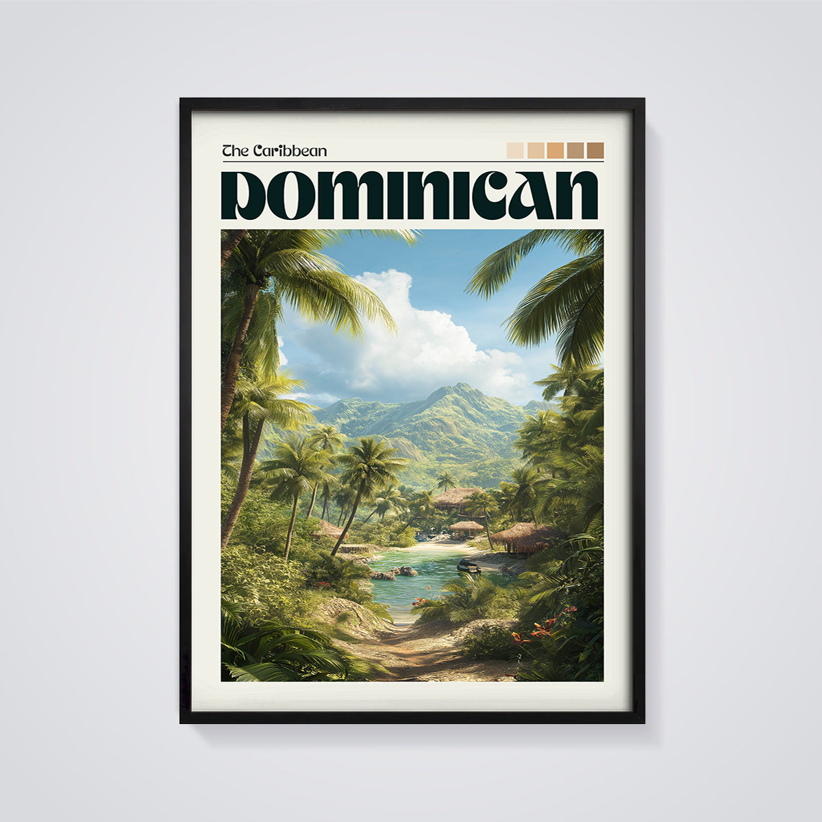 Dominican Republic Tropical Lagoon Print framed in black on a grey background