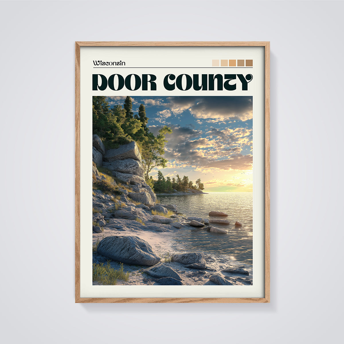 Door County Golden Hour Coast Print framed in oak on a grey background