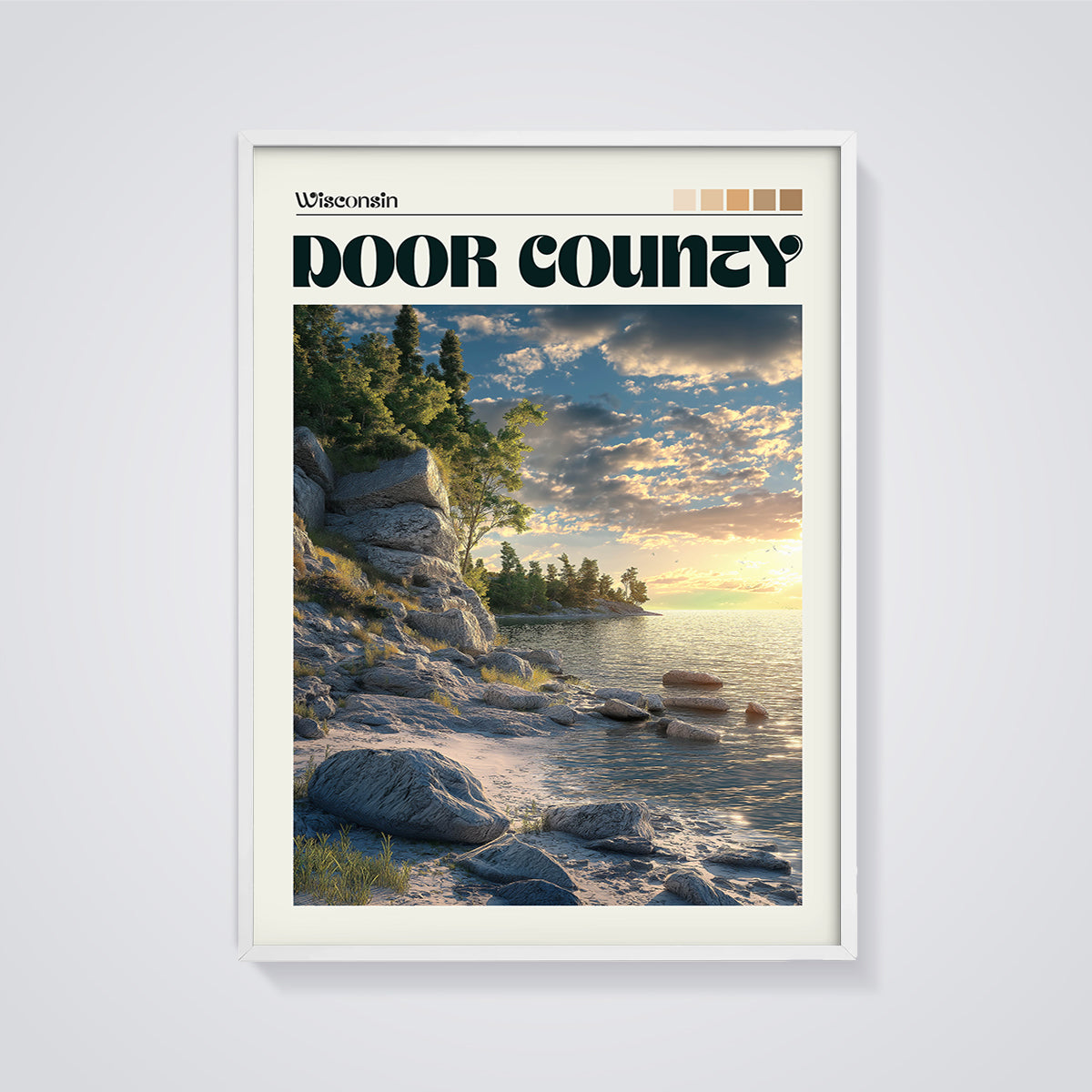 Door County Golden Hour Coast Print framed in white on a grey background