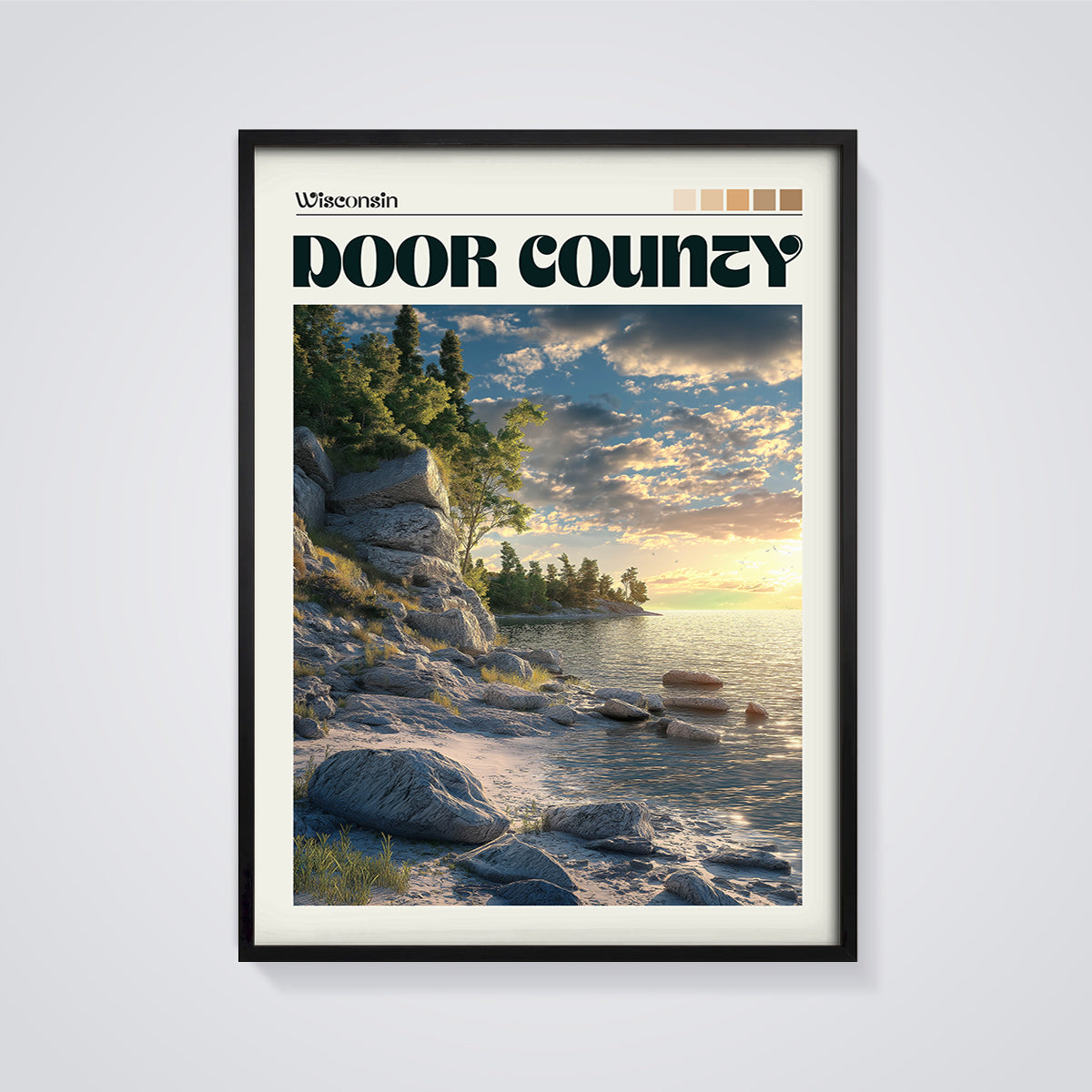 Door County Golden Hour Coast Print framed in black on a grey background