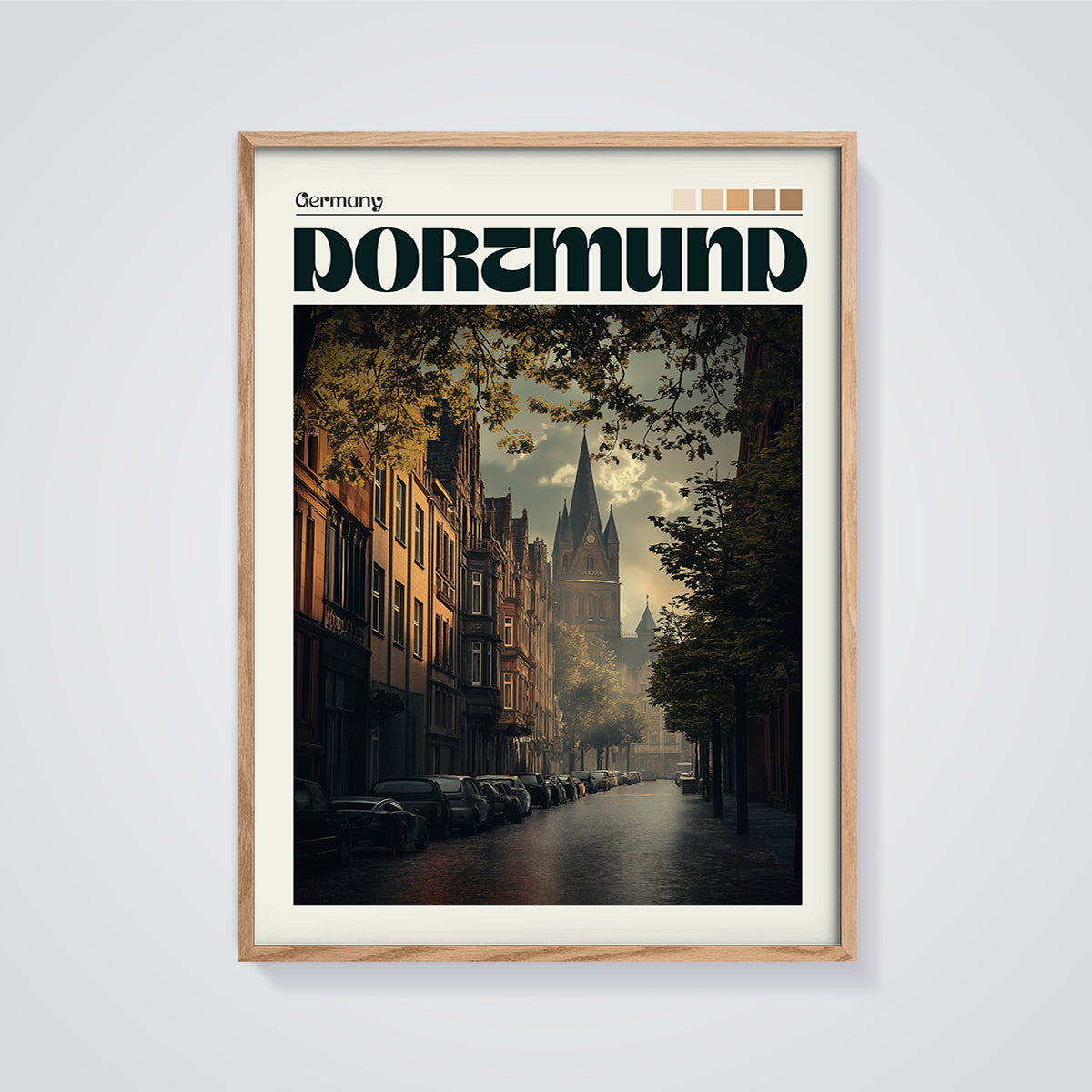 Dortmund Street View Print framed in oak on a grey background