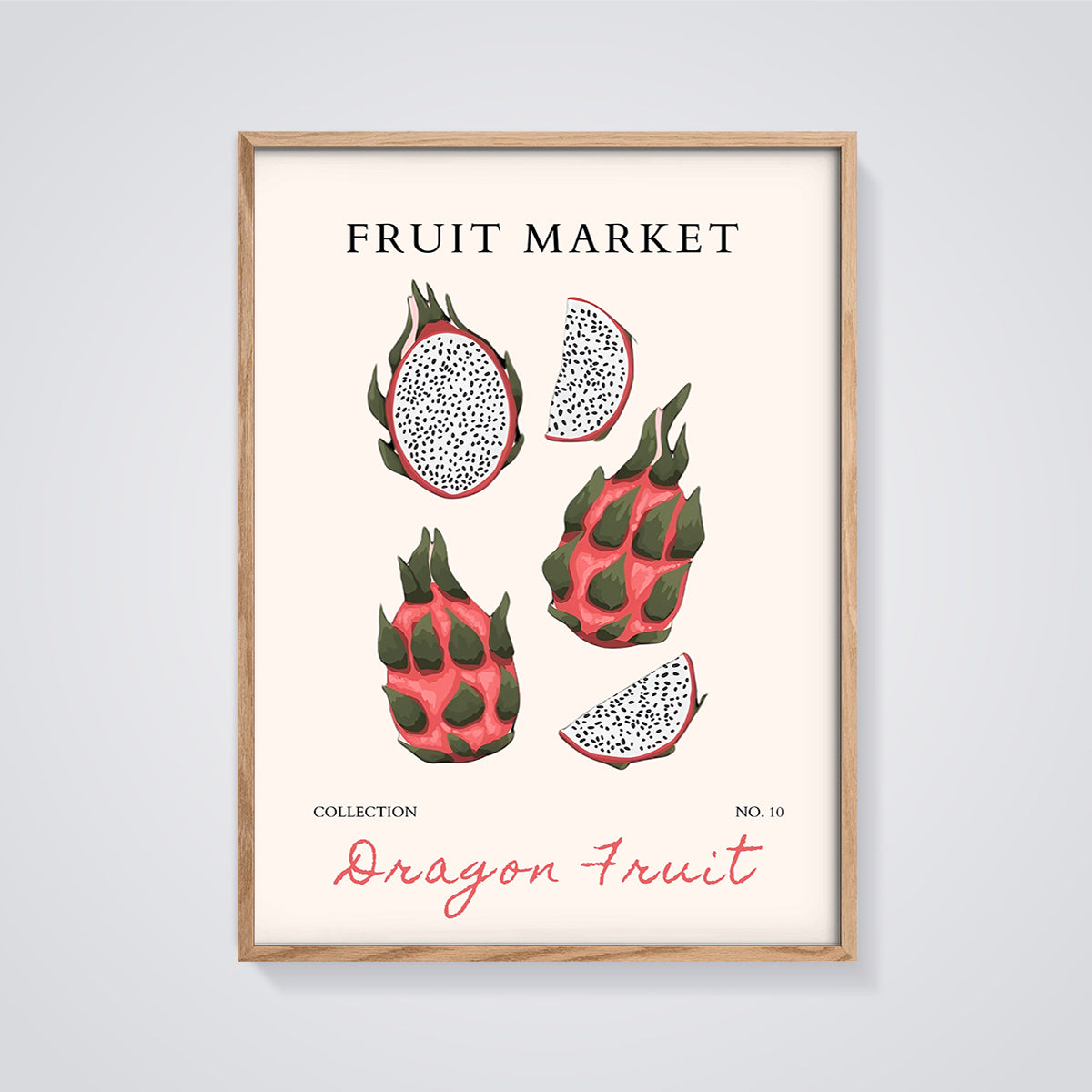Dragon Fruit Market Print framed in oak on a grey background
