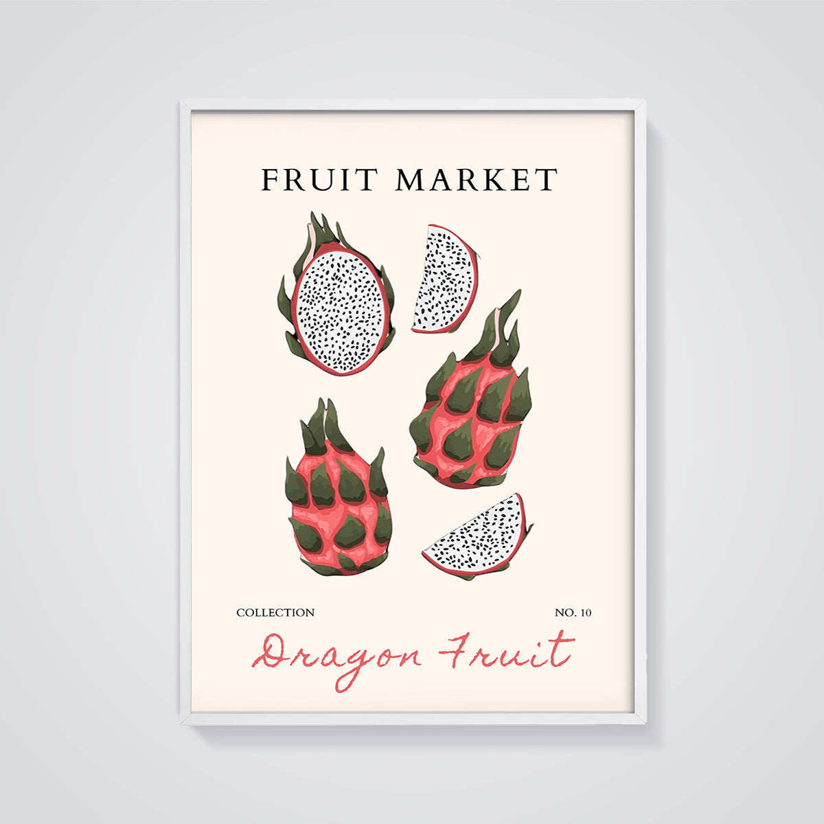 Dragon Fruit Market Print framed in white on a grey background