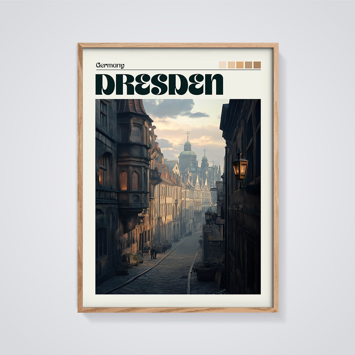Dresden City Street Print framed in oak on a grey background