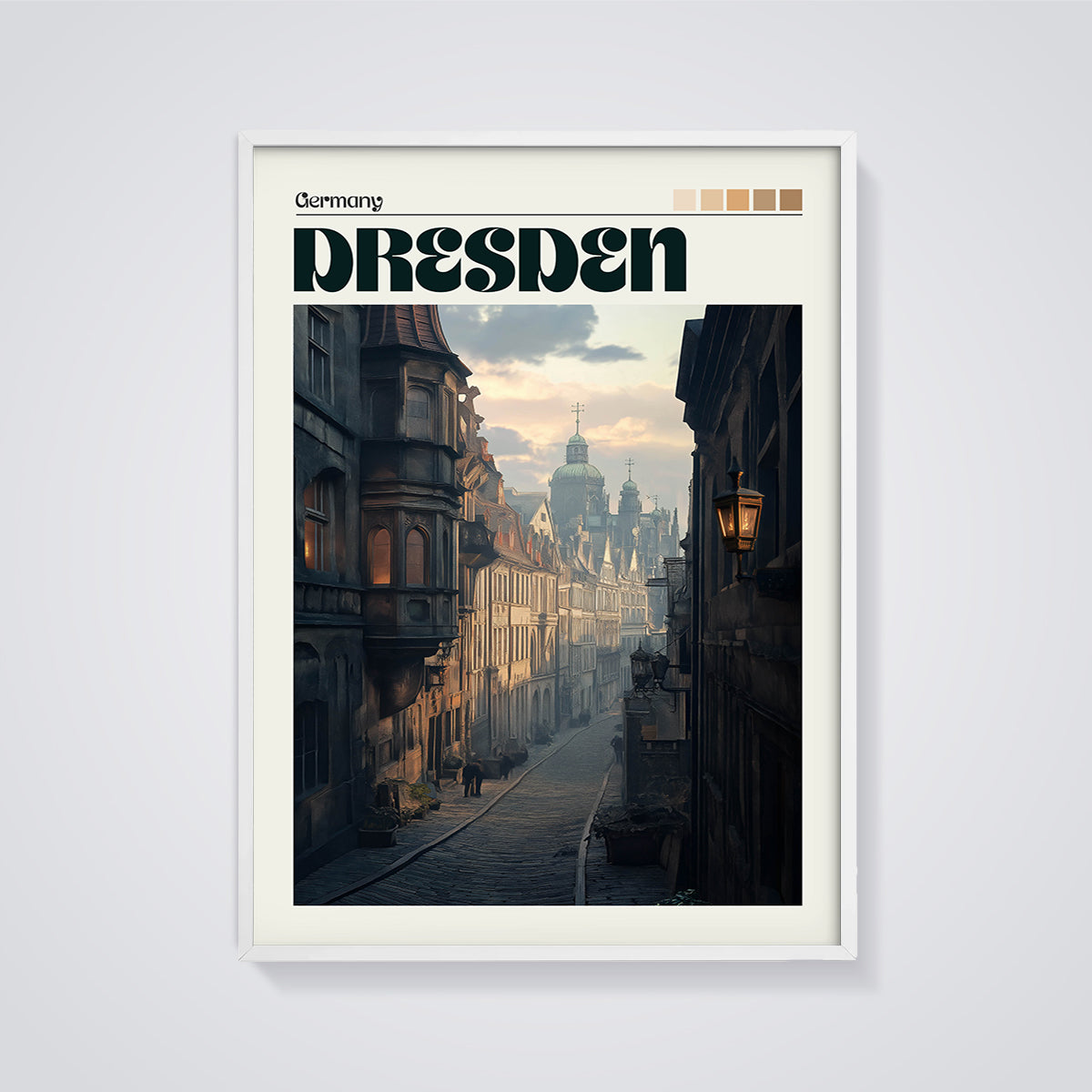 Dresden City Street Print framed in white on a grey background