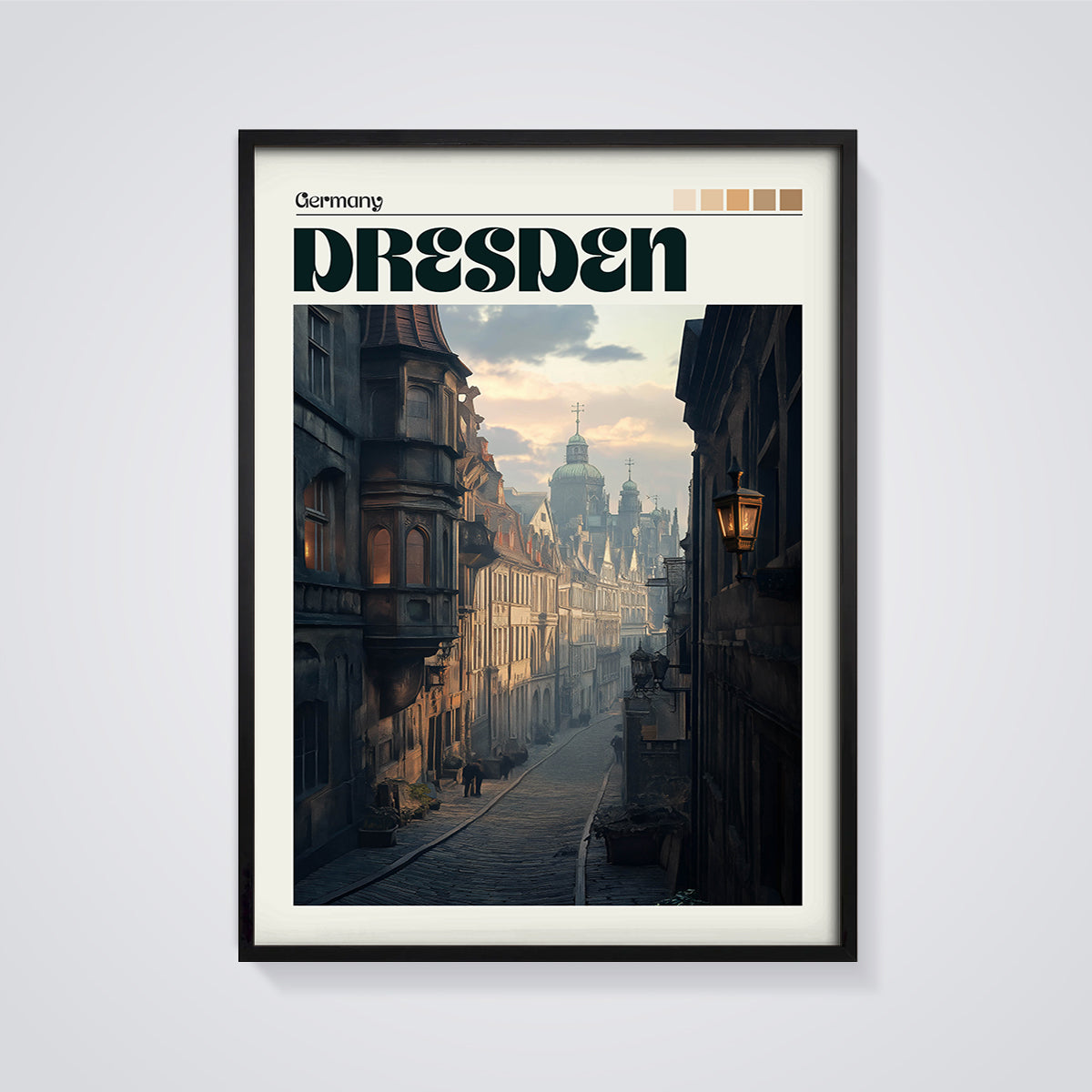 Dresden City Street Print framed in black on a grey background