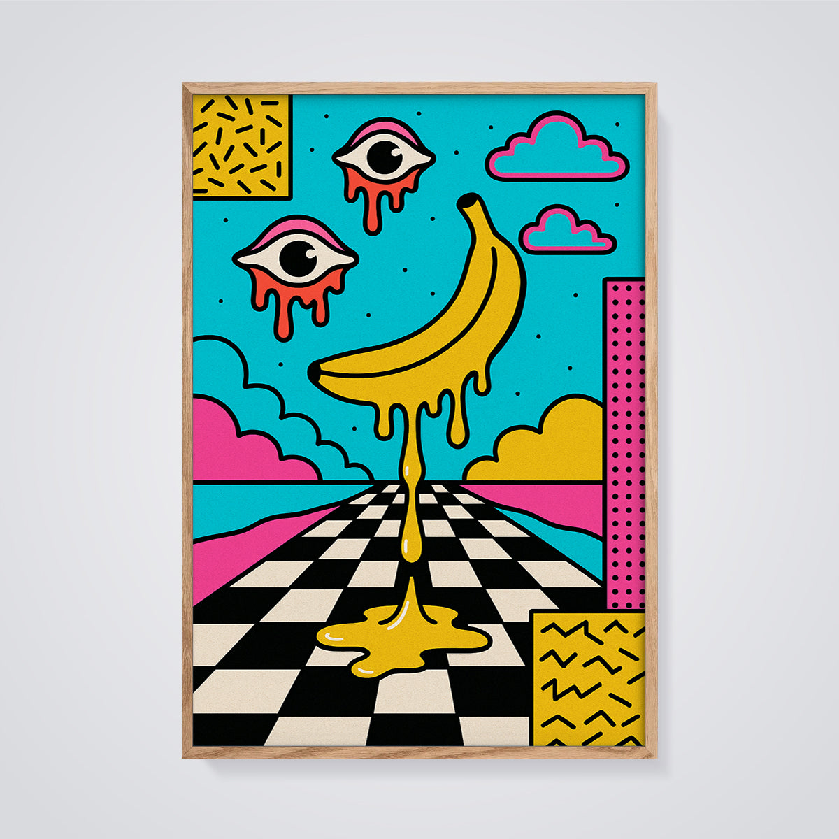 Dripping Banana Eyes Print framed in oak on a grey background