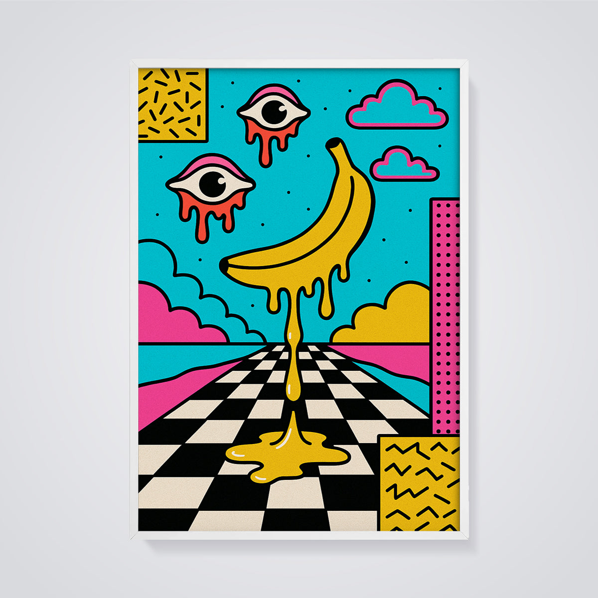 Dripping Banana Eyes Print framed in white on a grey background