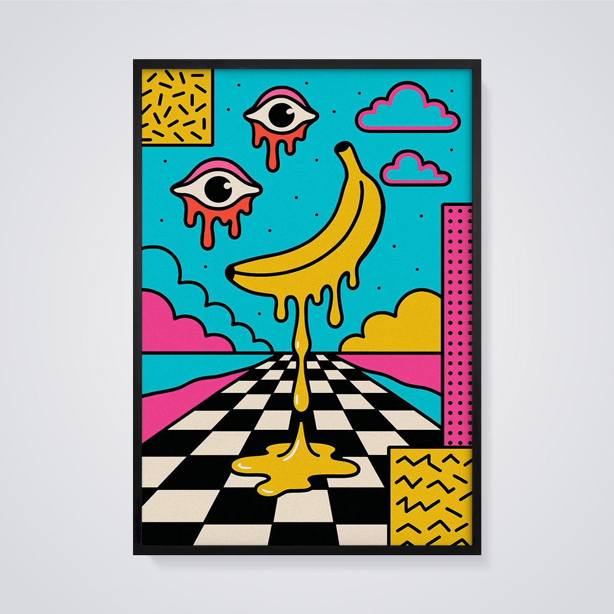 Dripping Banana Eyes Print framed in black on a grey background