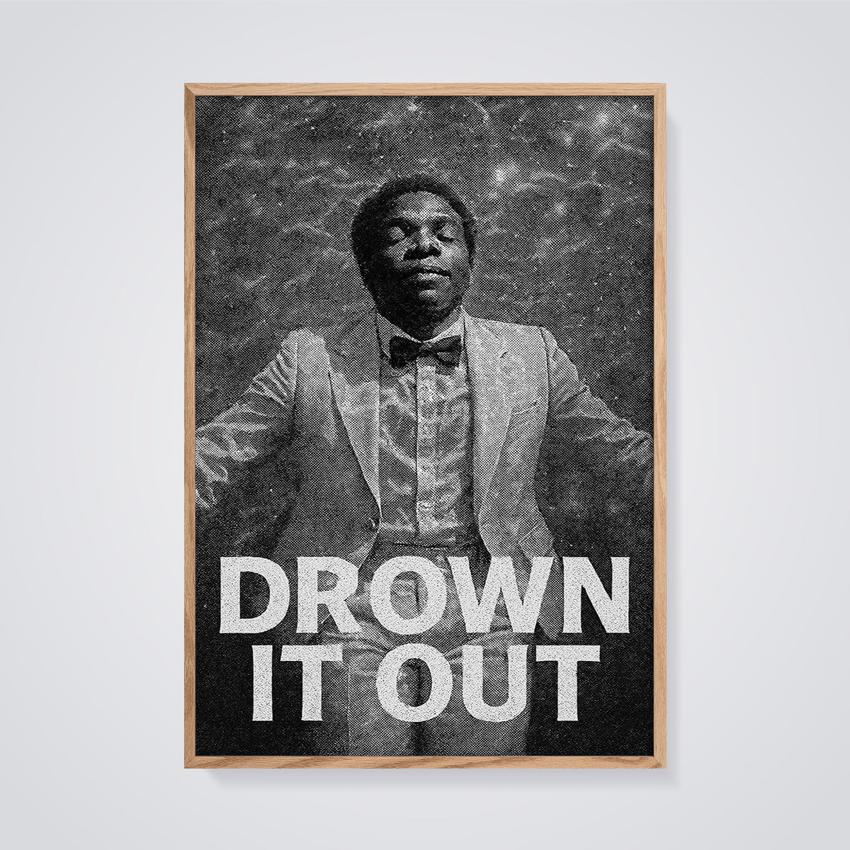 Drown It Out Skeleton Print framed in oak on a grey background