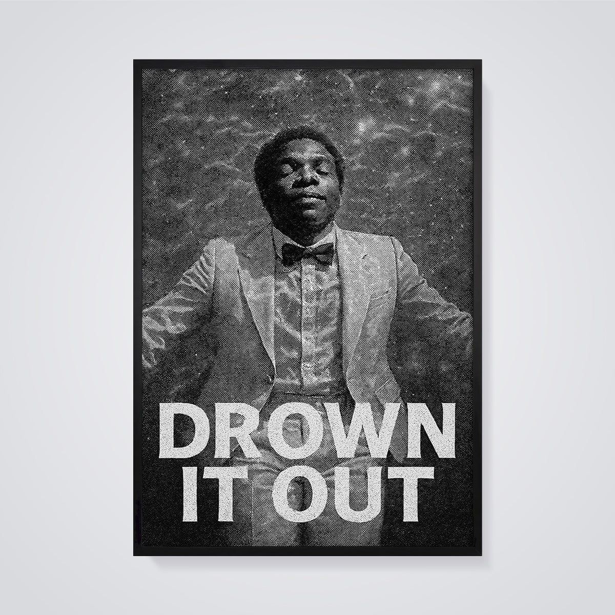 Drown It Out Skeleton Print framed in black on a grey background