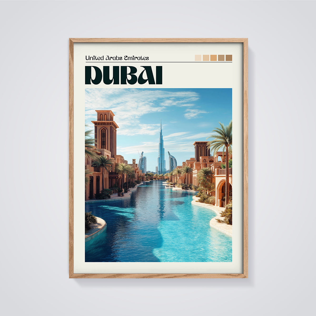Dubai United Arab Emirates Print framed in oak on a grey background