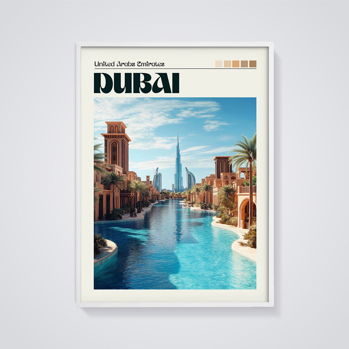 Dubai United Arab Emirates Print framed in white on a grey background