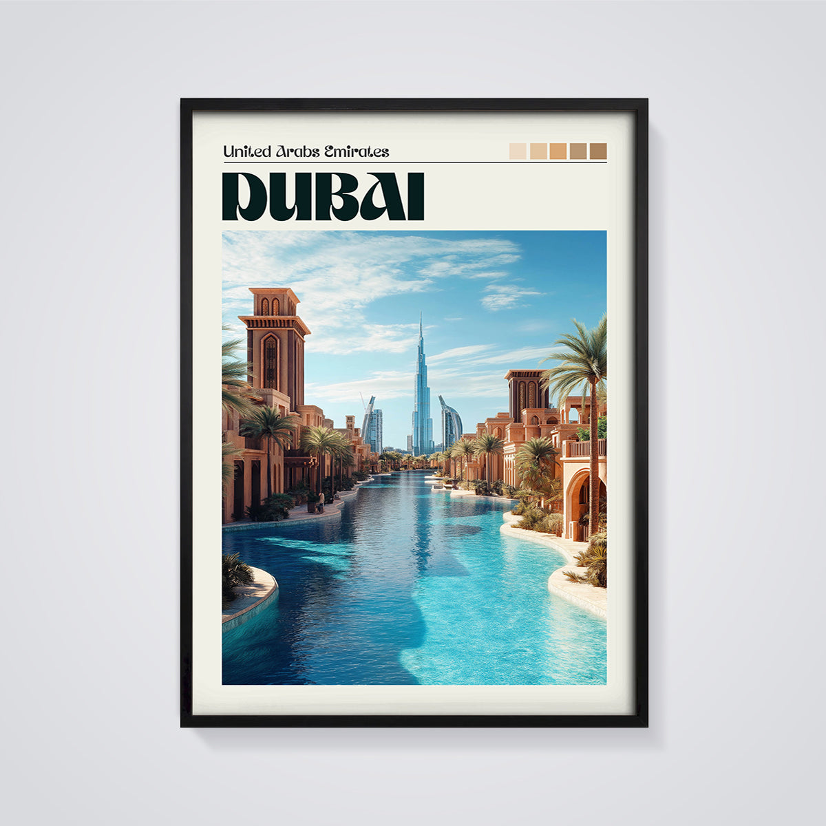 Dubai United Arab Emirates Print framed in black on a grey background