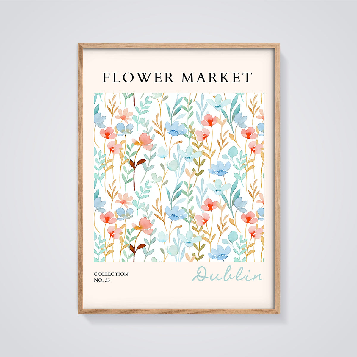 Dublin Flower Market Pattern Print framed in oak on a grey background