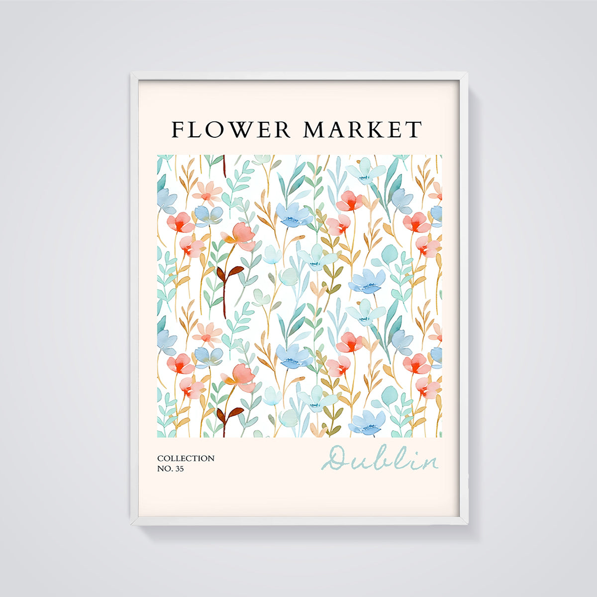 Dublin Flower Market Pattern Print framed in white on a grey background