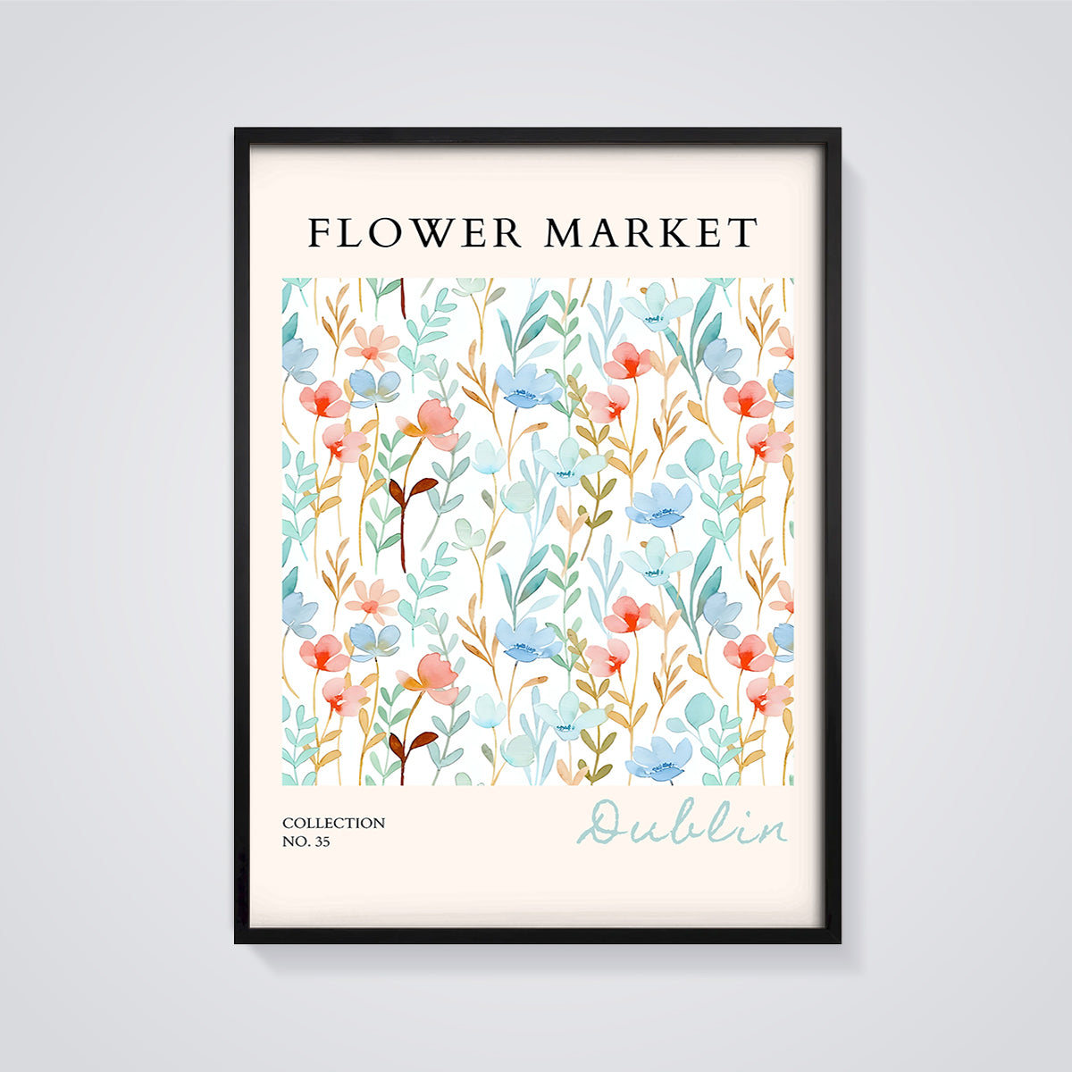 Dublin Flower Market Pattern Print framed in black on a grey background