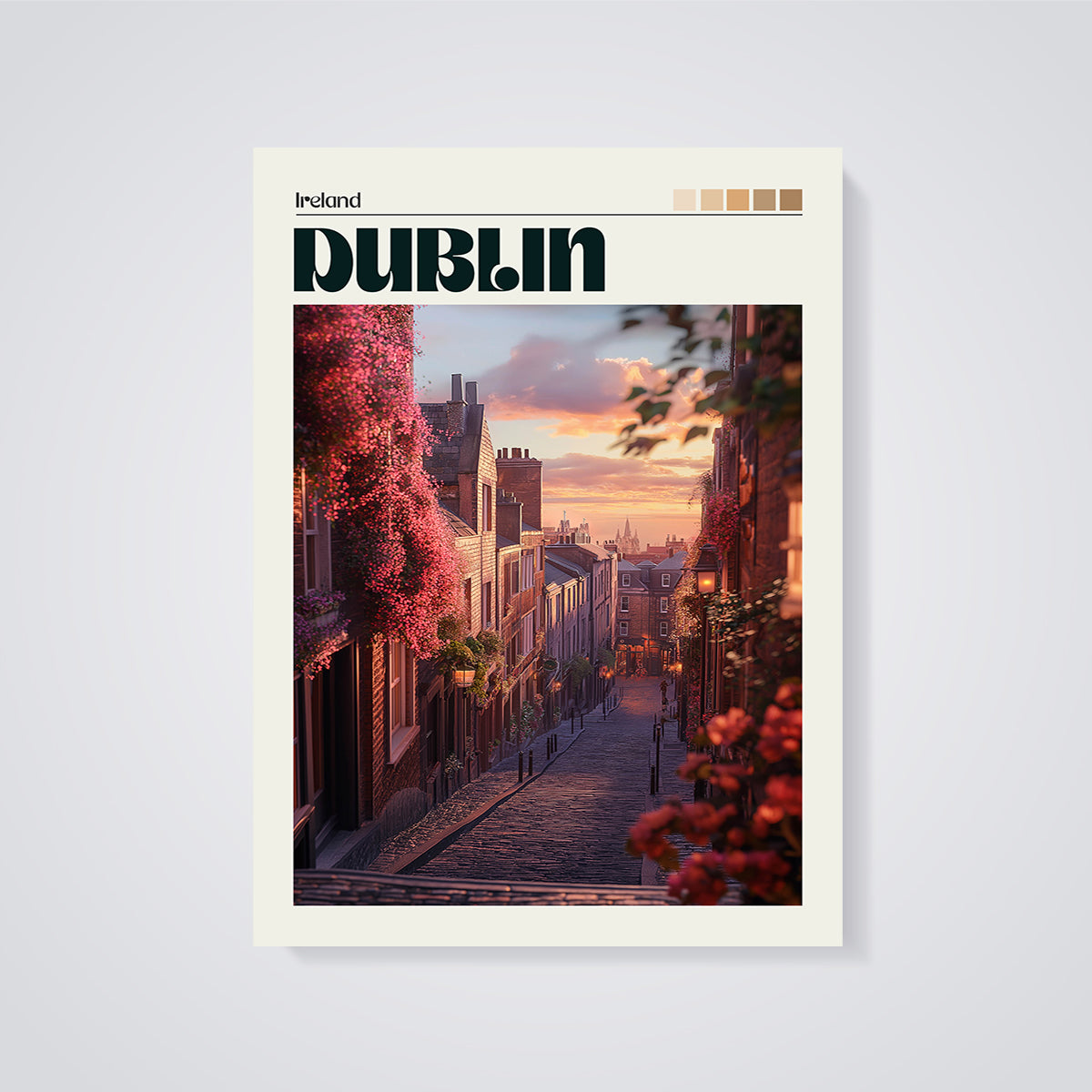 Dublin Sunset Flowers Street Print unframed on a grey background