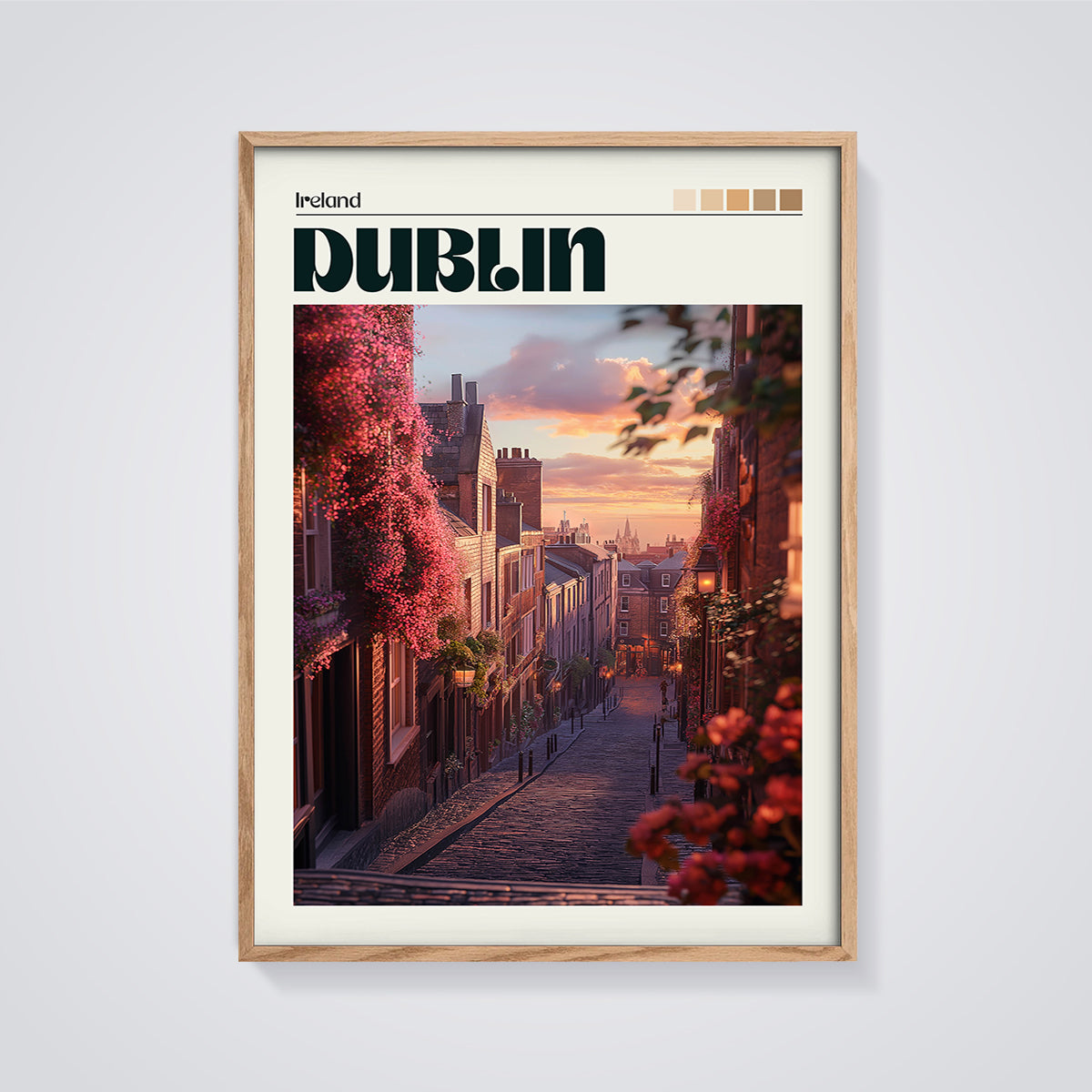 Dublin Sunset Flowers Street Print framed in oak on a grey background