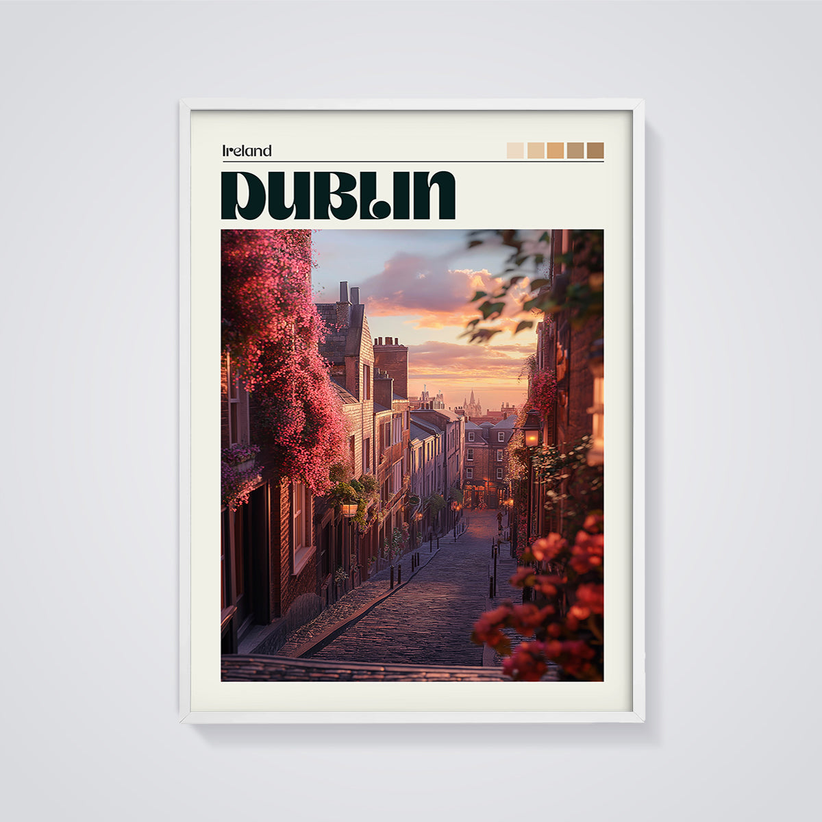 Dublin Sunset Flowers Street Print framed in white on a grey background
