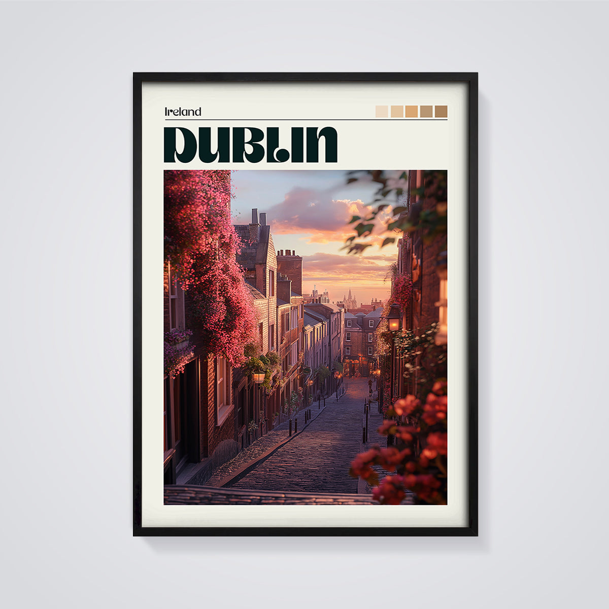 Dublin Sunset Flowers Street Print framed in black on a grey background