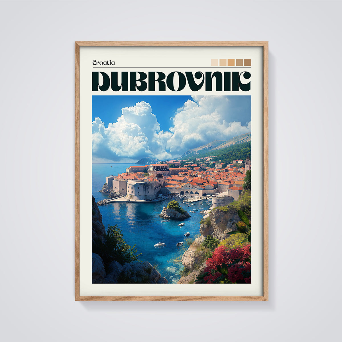 Dubrovnik Croatia Cityscape Print framed in oak on a grey background