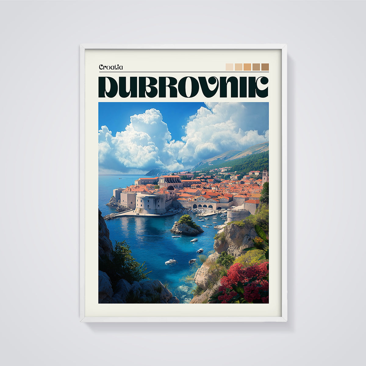 Dubrovnik Croatia Cityscape Print framed in white on a grey background