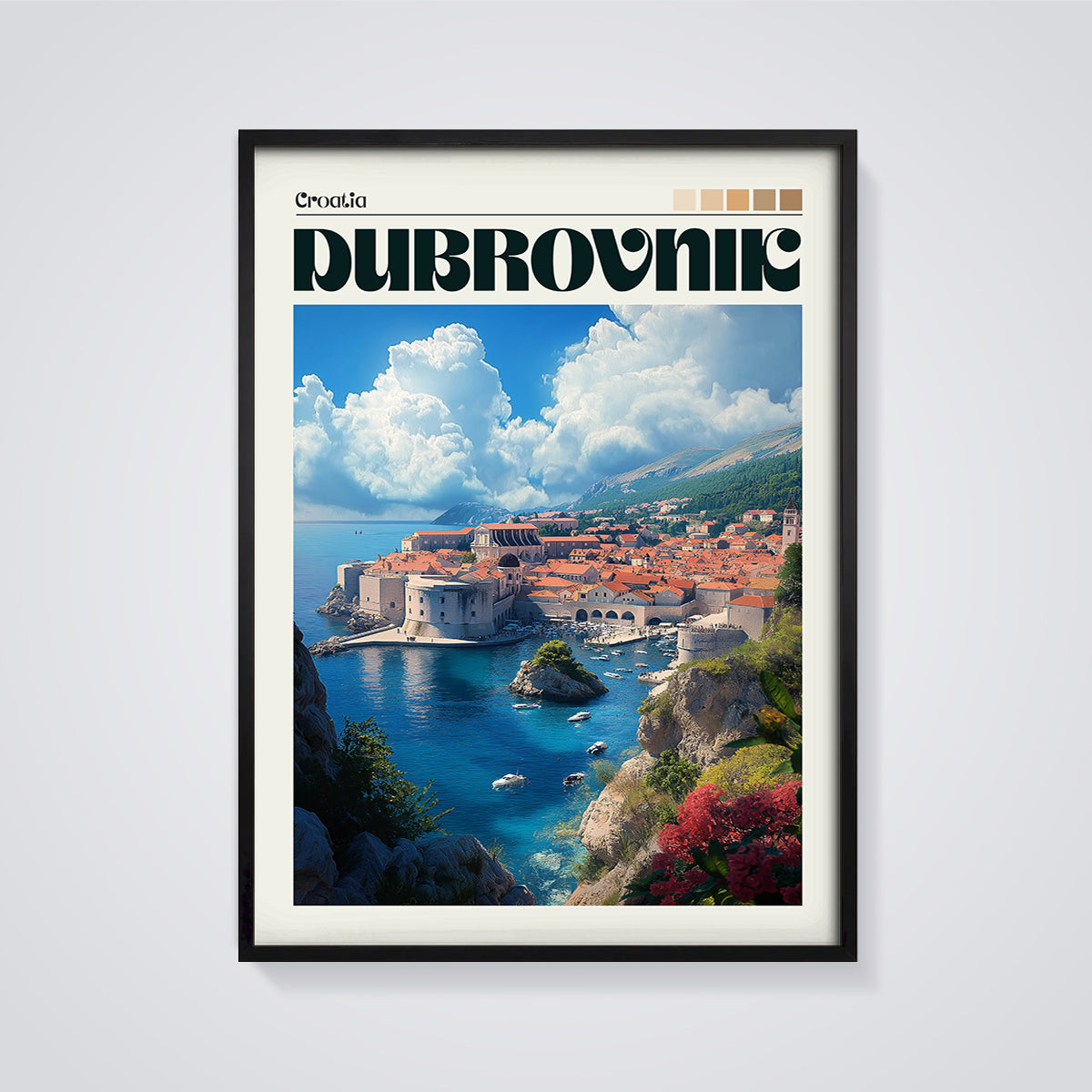 Dubrovnik Croatia Cityscape Print framed in black on a grey background