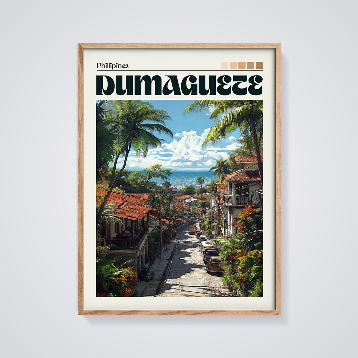 Dumaguete Coastal Street Print framed in oak on a grey background