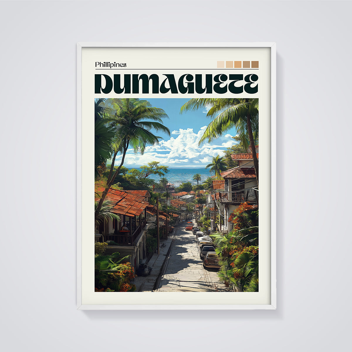 Dumaguete Coastal Street Print framed in white on a grey background