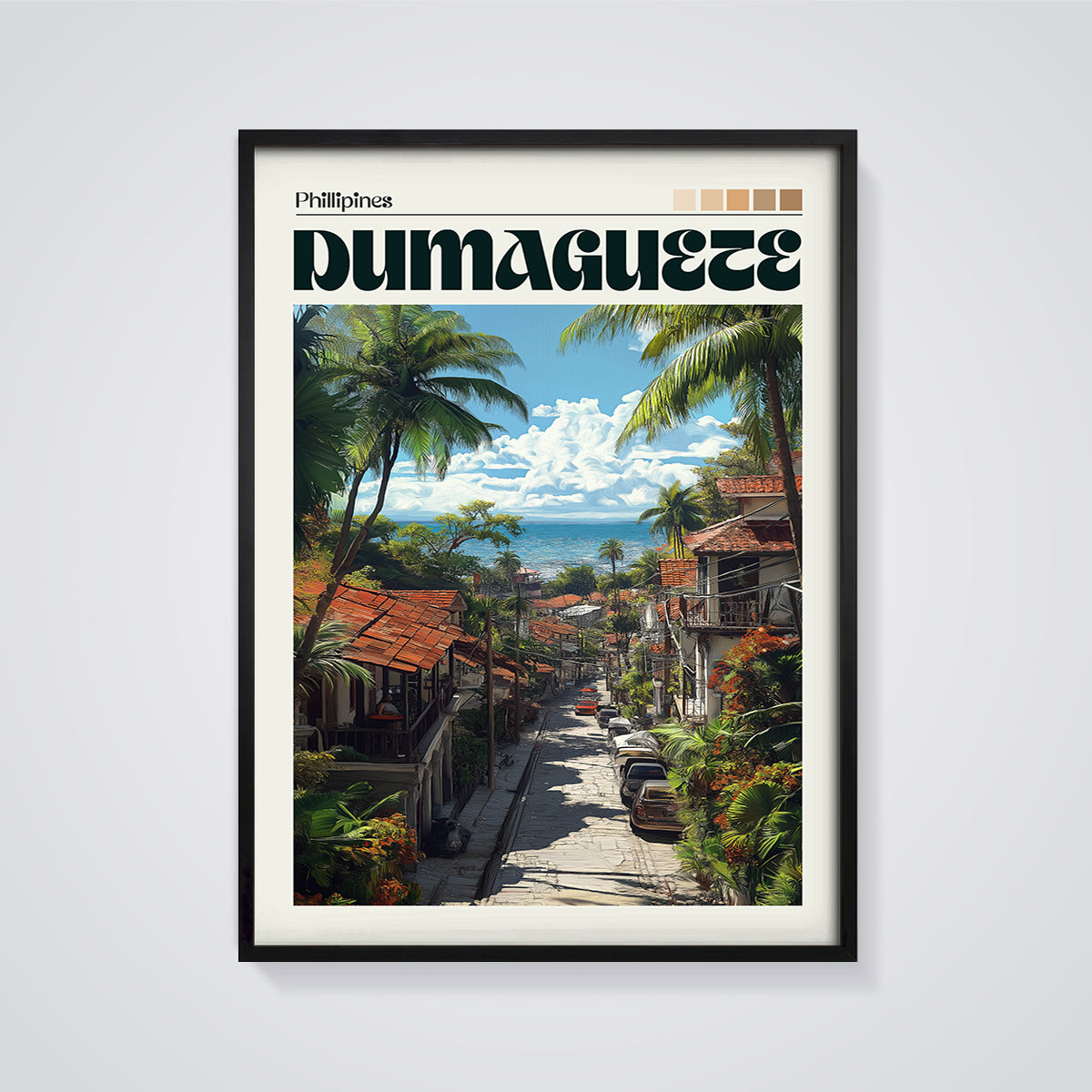 Dumaguete Coastal Street Print framed in black on a grey background
