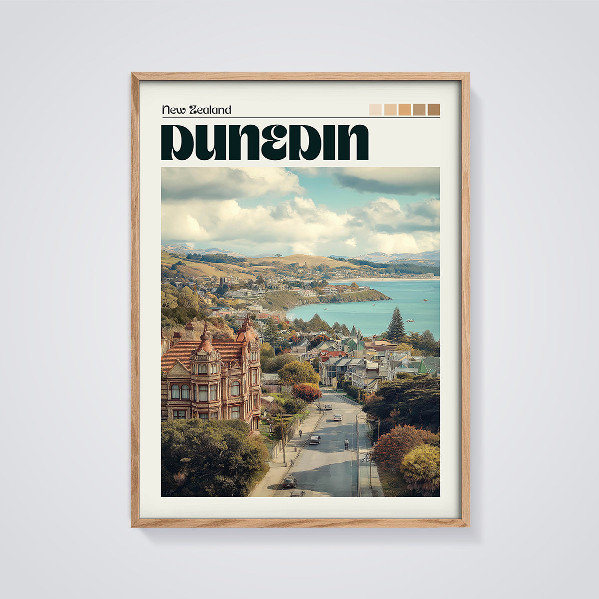 Dunedin New Zealand Cityscape Print framed in oak on a grey background
