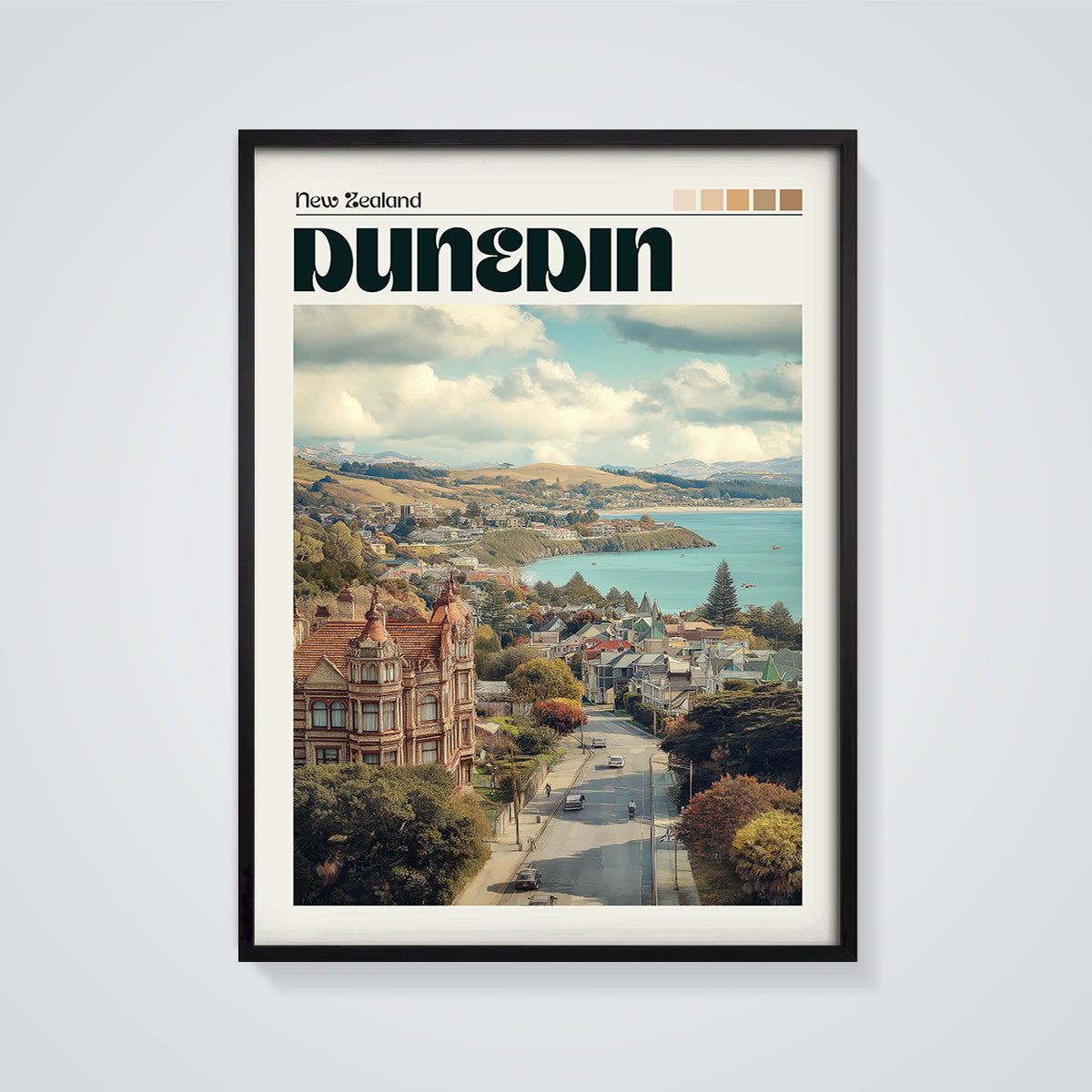 Dunedin New Zealand Cityscape Print framed in black on a grey background