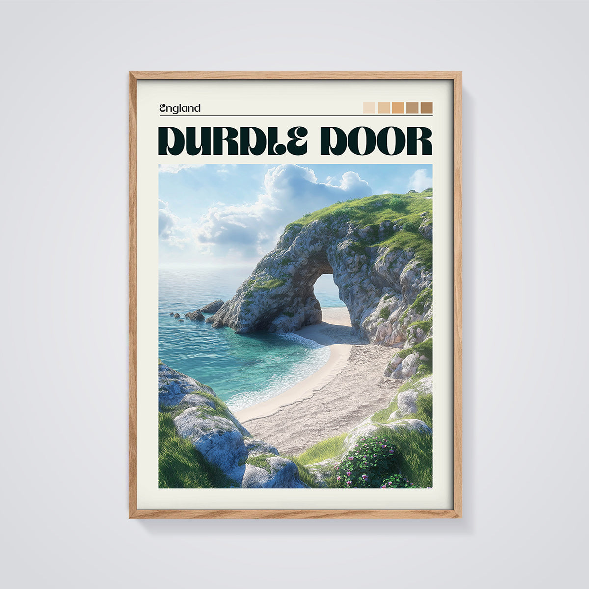 Durdle Door England Print framed in oak on a grey background