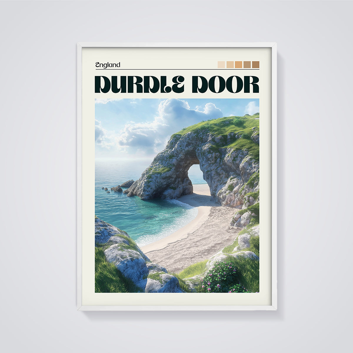 Durdle Door England Print framed in white on a grey background