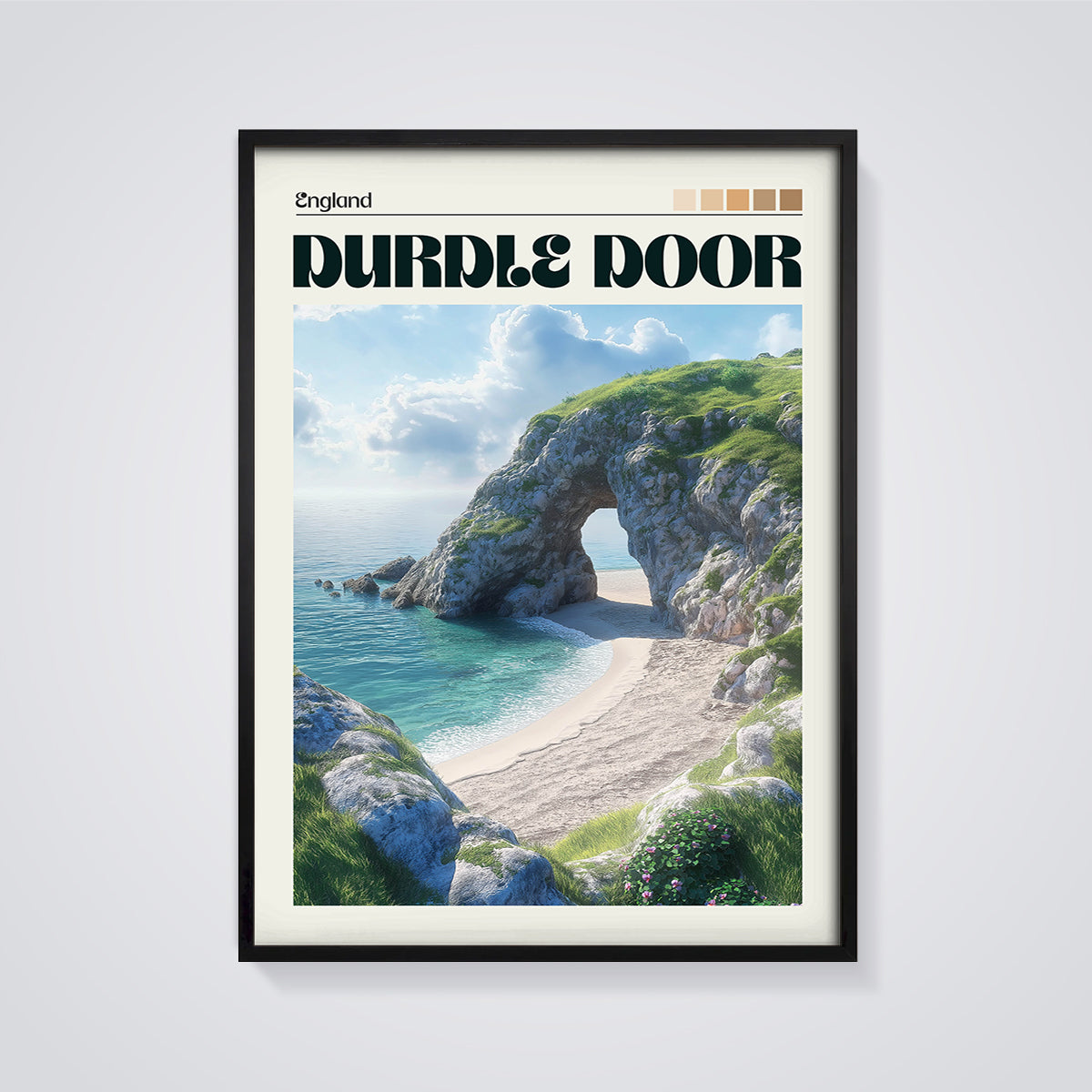 Durdle Door England Print framed in black on a grey background