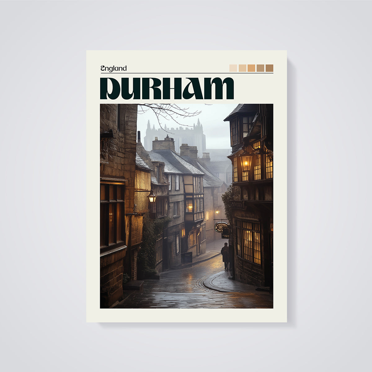 Durham Old Town Street Print unframed on a grey background