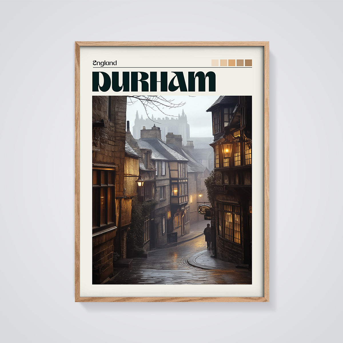 Durham Old Town Street Print framed in oak on a grey background