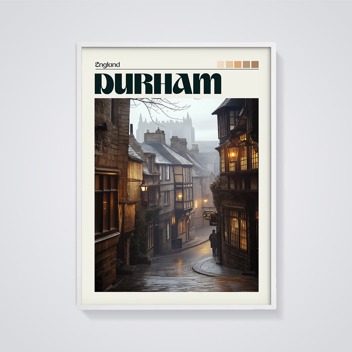 Durham Old Town Street Print framed in white on a grey background