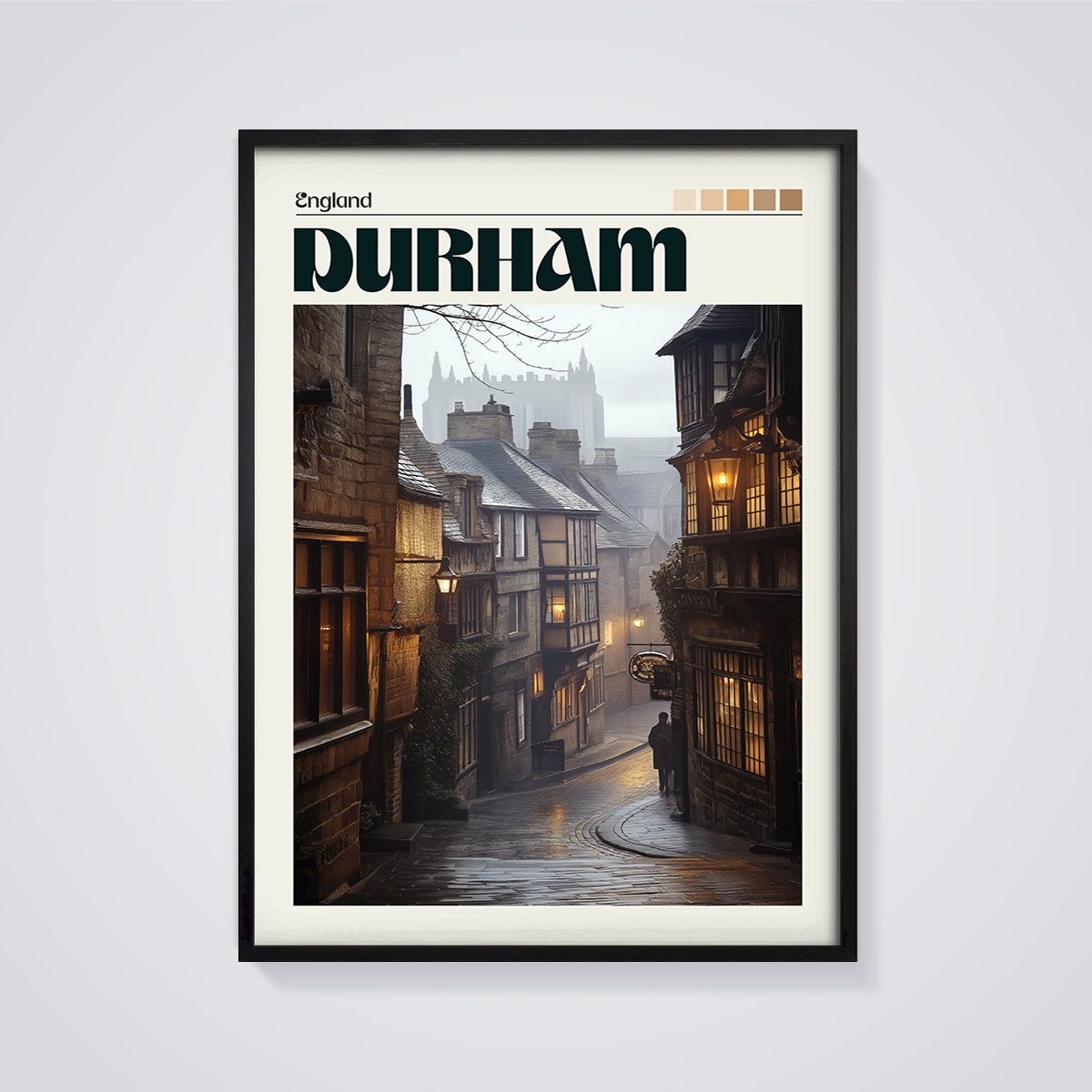 Durham Old Town Street Print framed in black on a grey background
