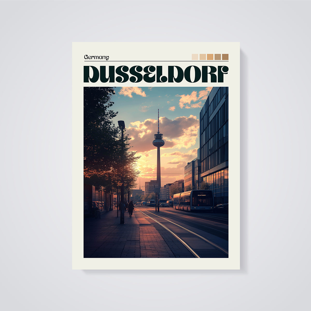 Düsseldorf Sunset City Print unframed on a grey background