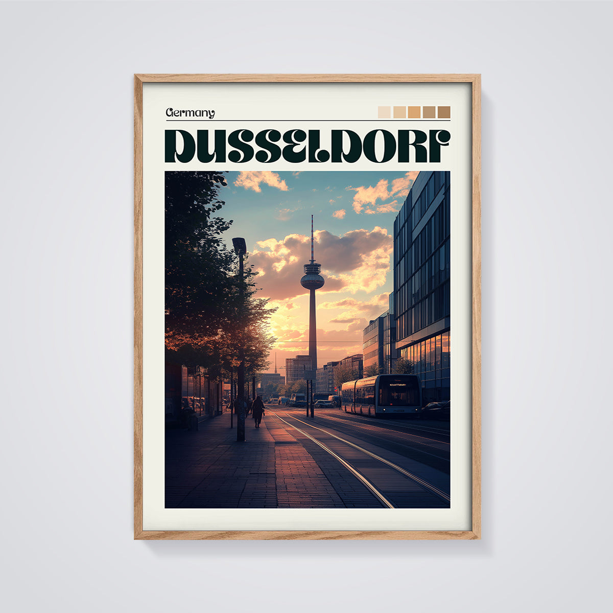Düsseldorf Sunset City Print framed in oak on a grey background