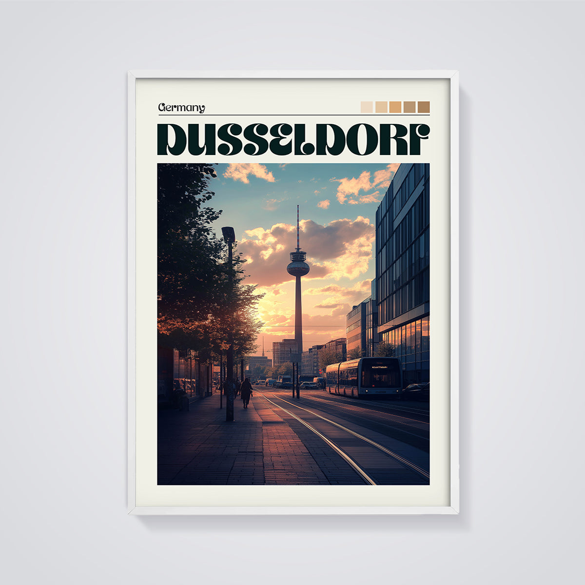 Düsseldorf Sunset City Print framed in white on a grey background