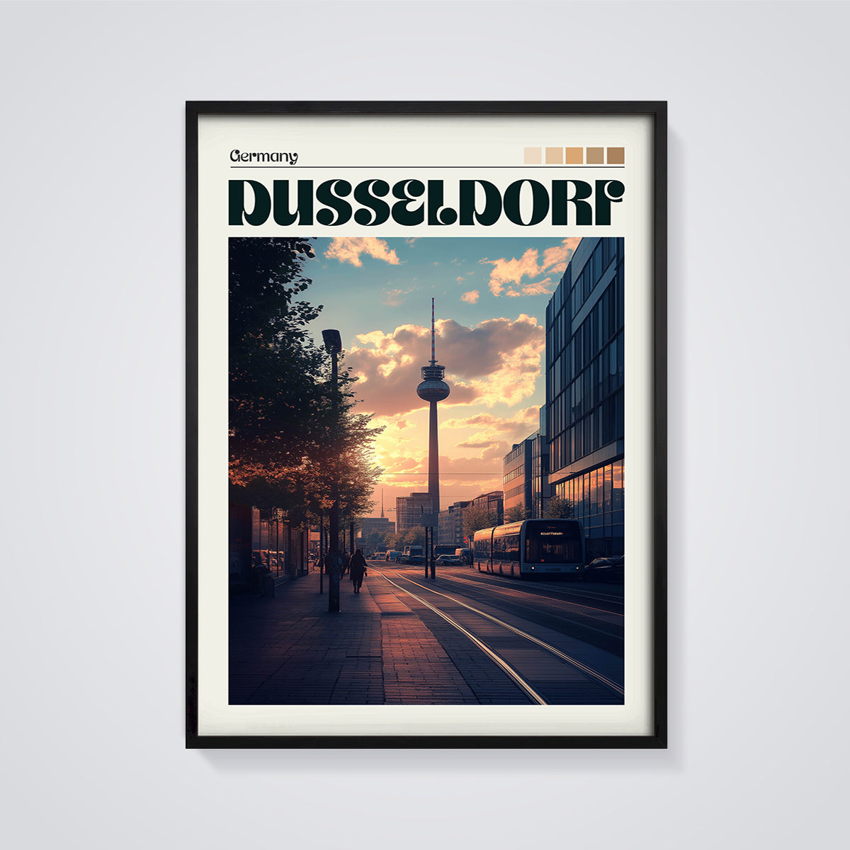 Düsseldorf Sunset City Print framed in black on a grey background